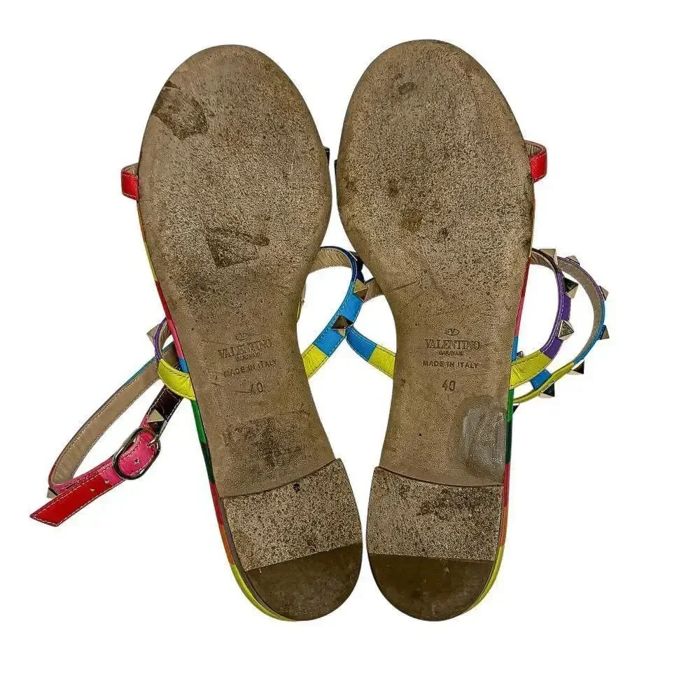 Valentino Multicolor Rockstud Gladiator Rainbow Leather Flat Caged Sandals EU 40